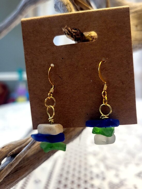 Jewelry - Sea Glass Dangle Earrings – Green & White, Handmade Newfoundland